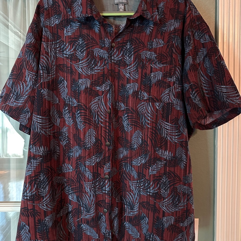 Van Heusen 2XL Tropical Shirt Bold BlueLeaf Print Vintage Vibe Beach Party Ready